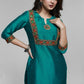 Teal Cotton Silk Kurta with Kutch Hand work-Pant Optional