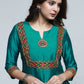 Teal Cotton Silk Kurta with Kutch Hand work-Pant Optional