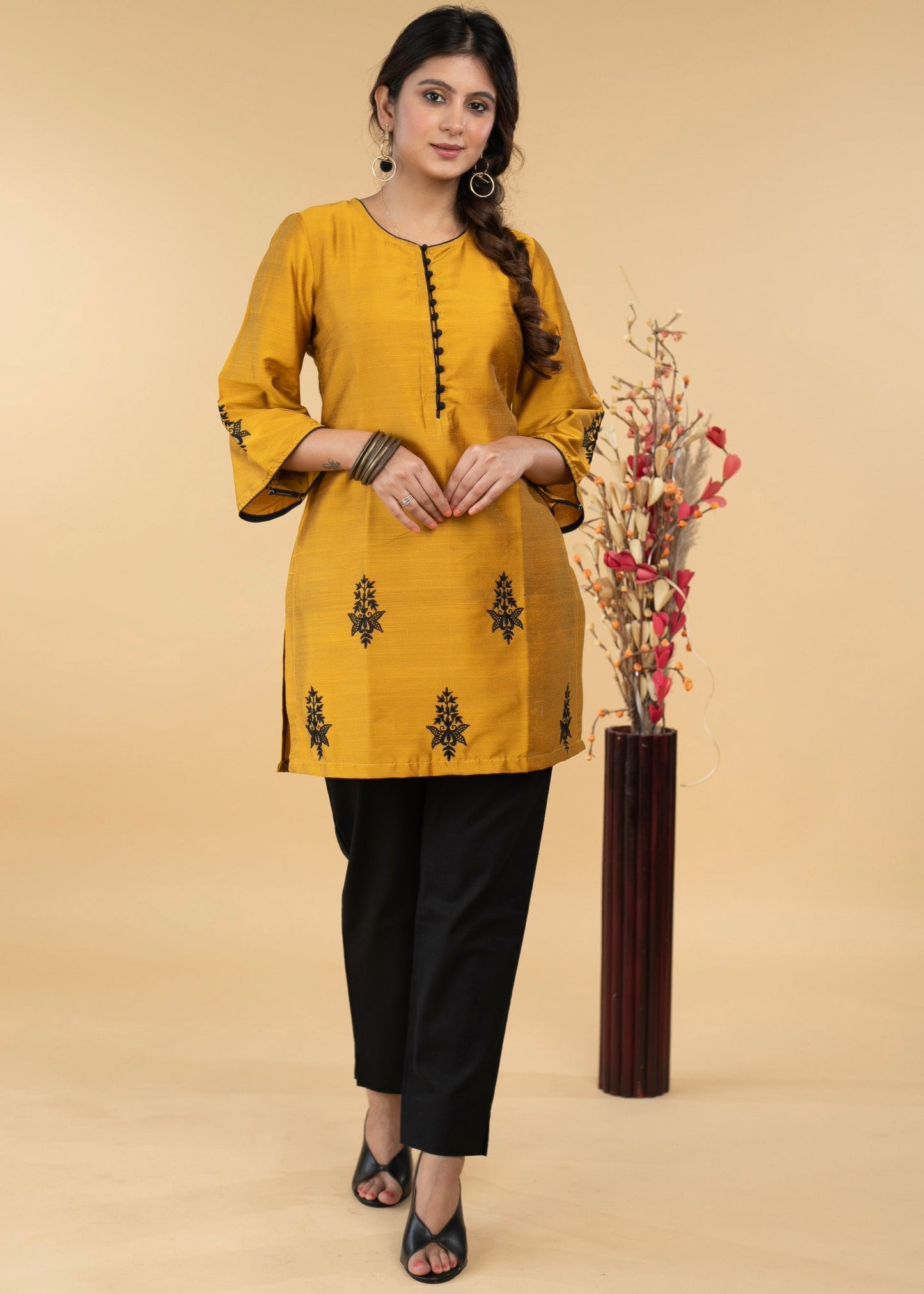 Pleasant Mustard Cotton Silk Embroidered Tunic