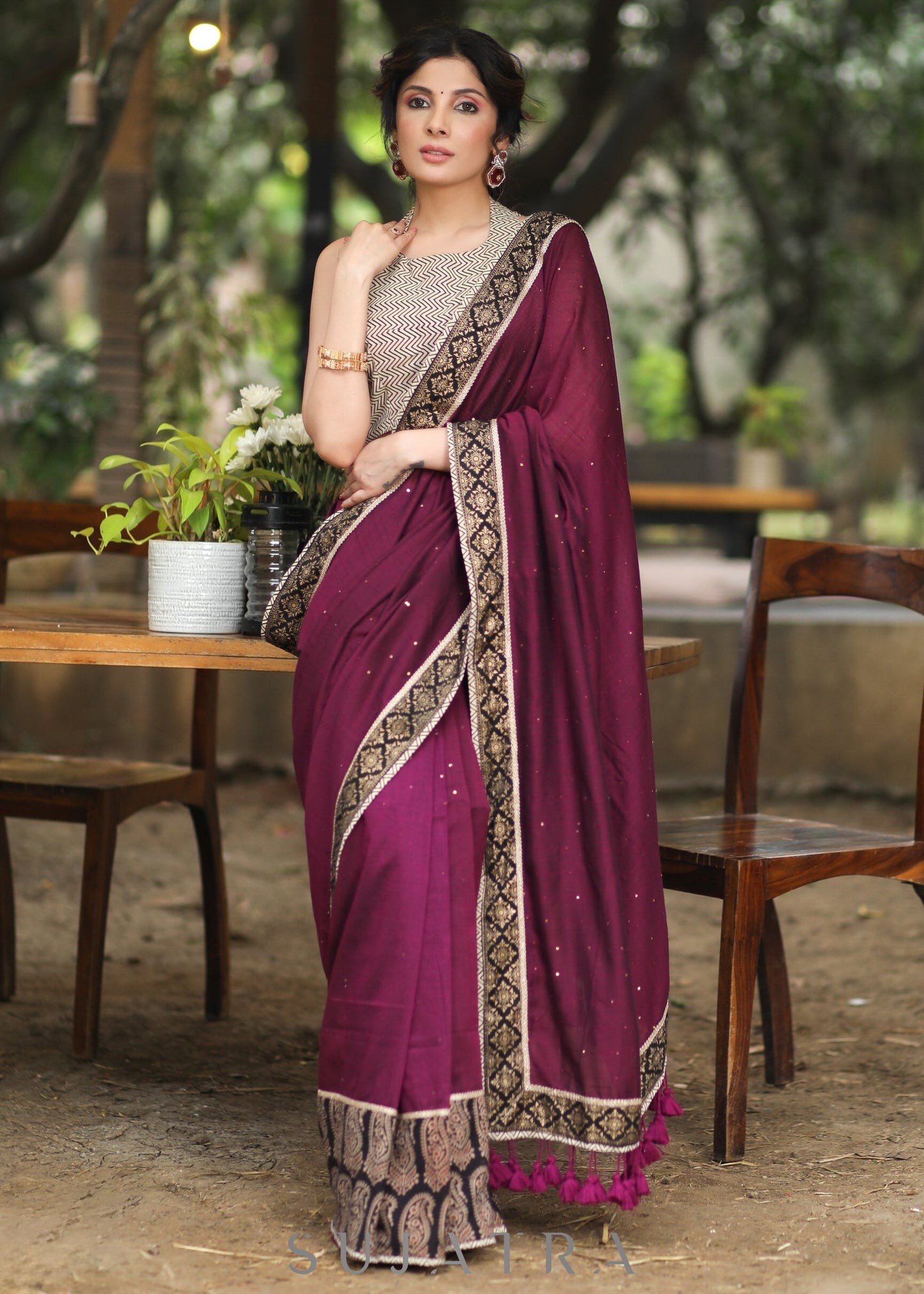 Stylish Wine Cotton Sequence Saree with Ajrakh Border