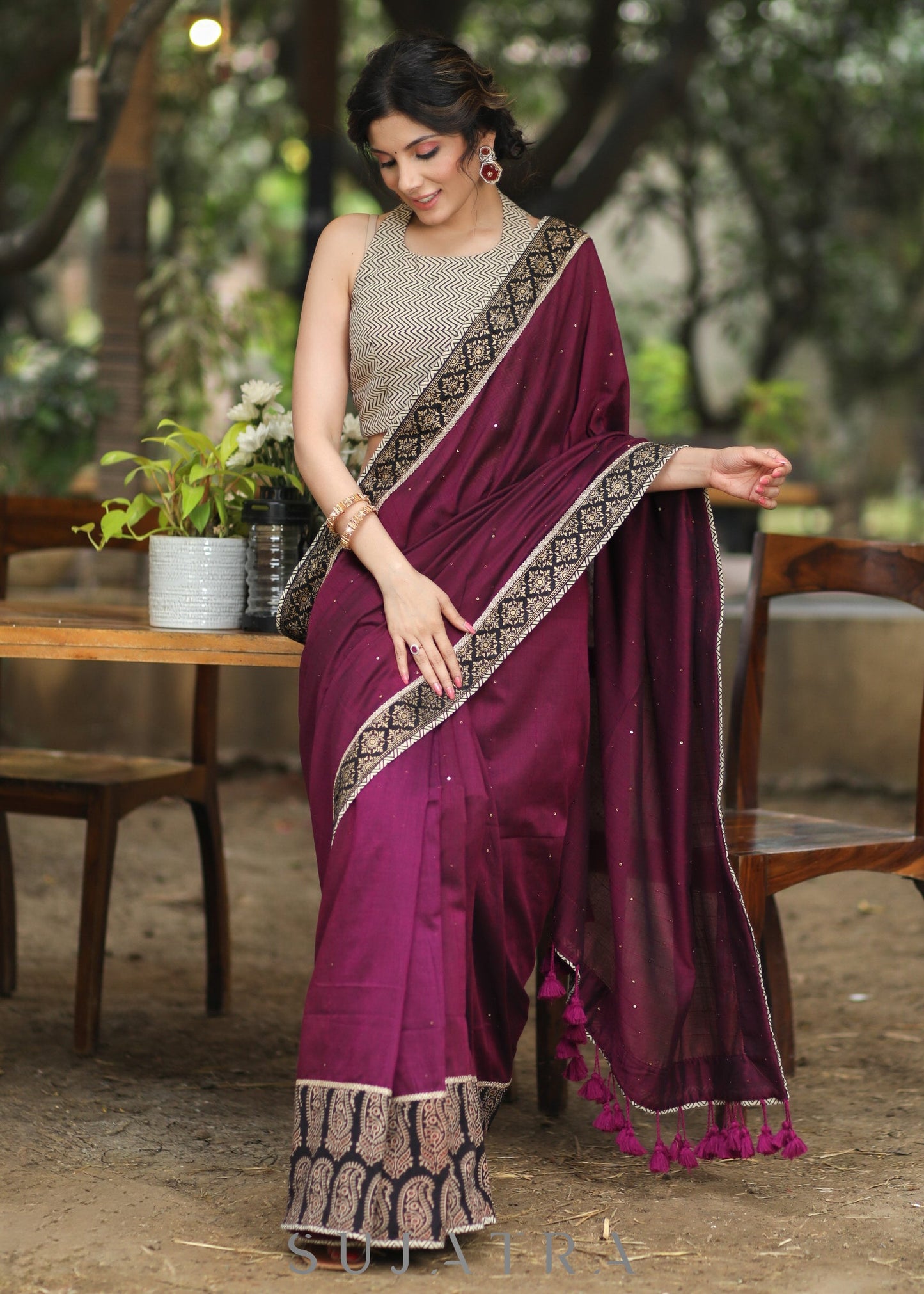 Stylish Wine Cotton Sequence Saree with Ajrakh Border