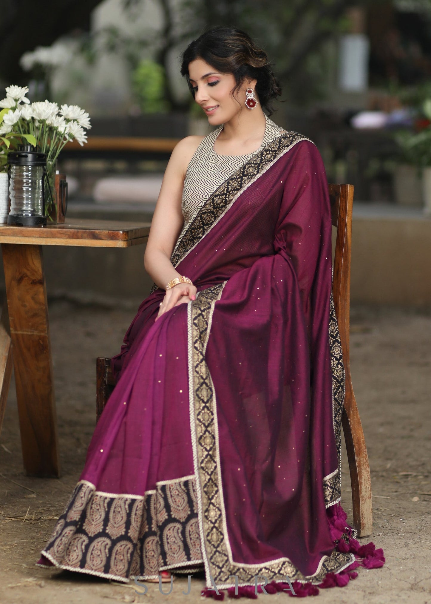 Stylish Wine Cotton Sequence Saree with Ajrakh Border