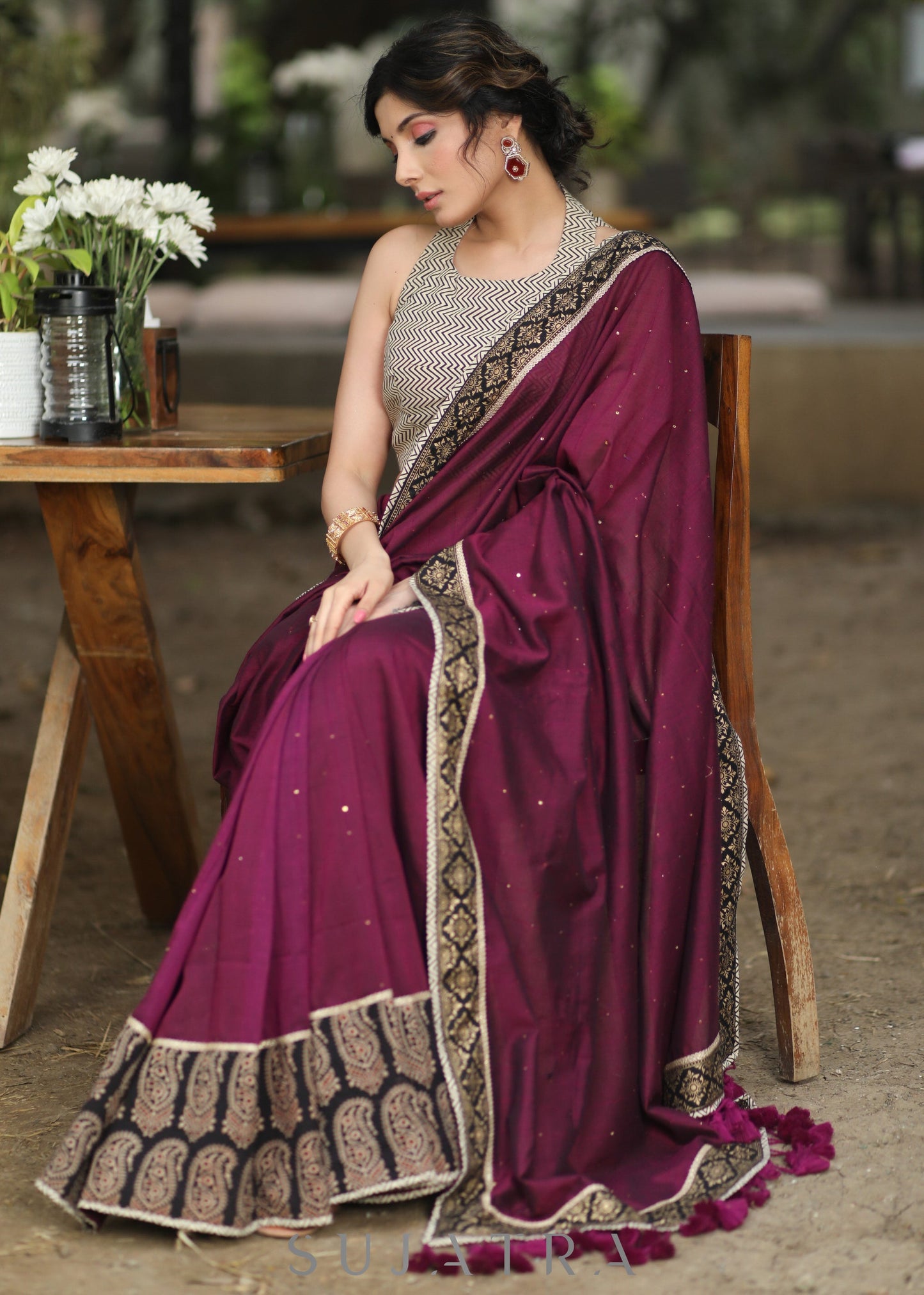 Stylish Wine Cotton Sequence Saree with Ajrakh Border
