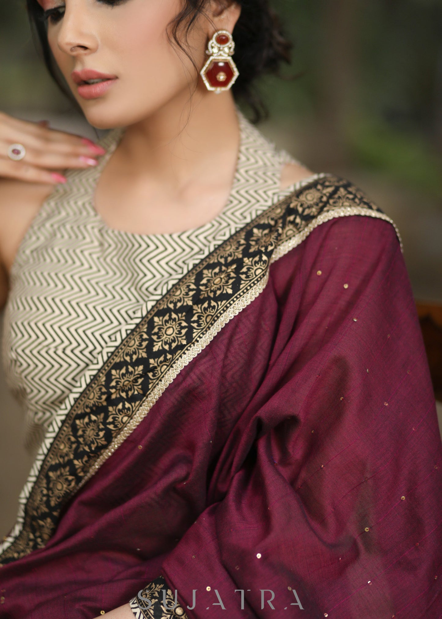 Stylish Wine Cotton Sequence Saree with Ajrakh Border