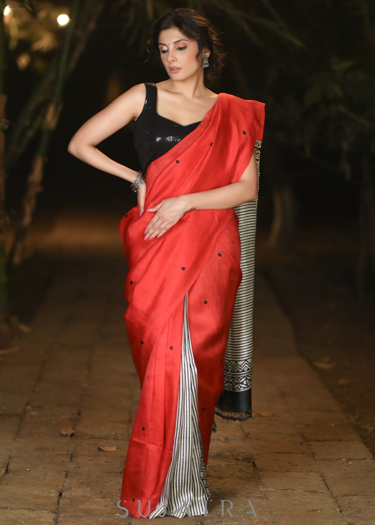 Exclusive Red Pure Silk Block printed Saree