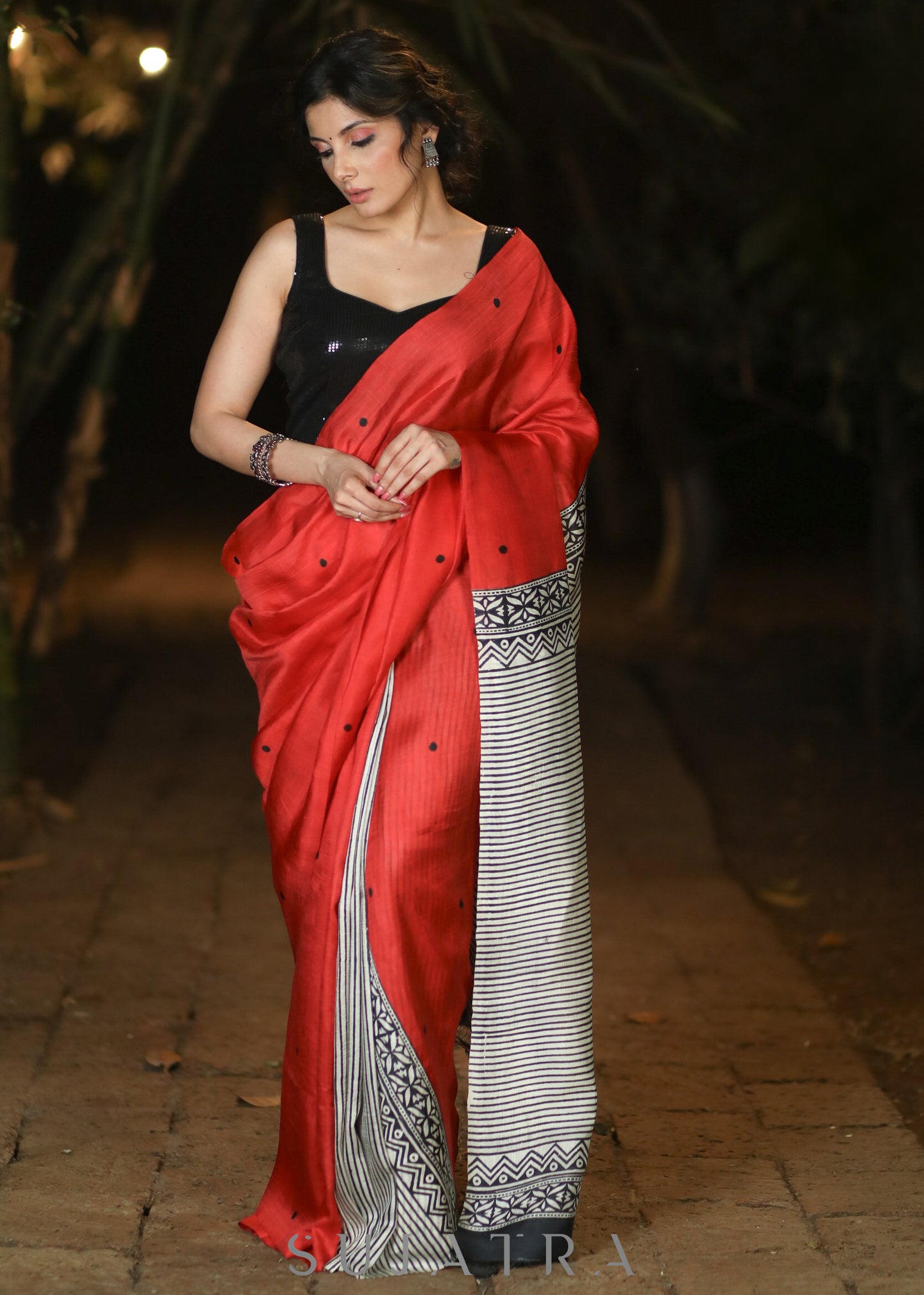 Exclusive Red Pure Silk Block printed Saree