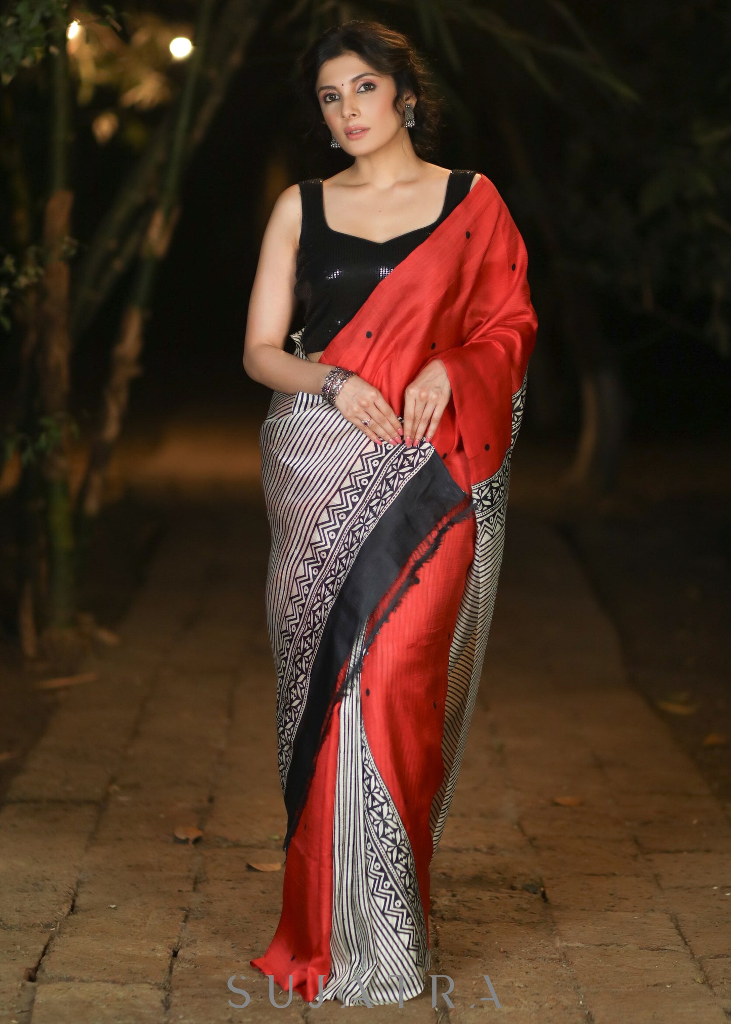 Exclusive Red Pure Silk Block printed Saree