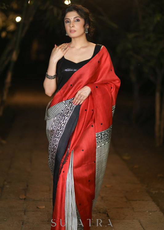 Exclusive Red Pure Silk Block printed Saree