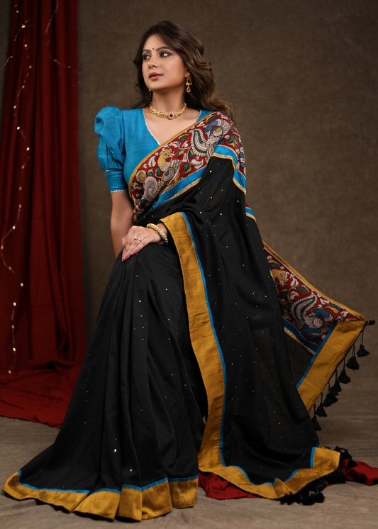 Stunning Black Sequence Cotton Saree with Handpainted Kalamkari Border