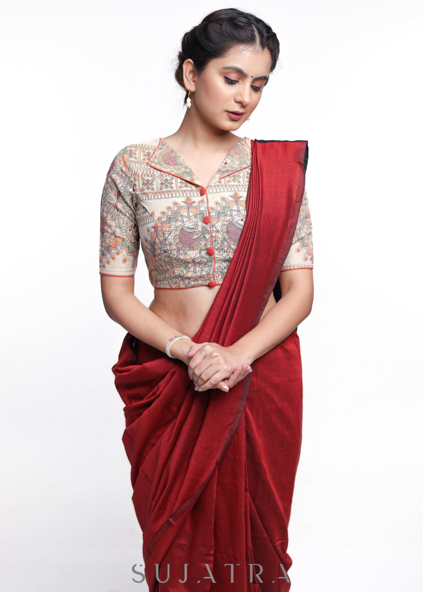 Plan Red Cotton Silk Saree
