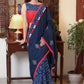 Beautiful blue Cotton saree with delicate temple embroidery and elegant hand painting