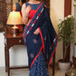 Beautiful blue Cotton saree with delicate temple embroidery and elegant hand painting
