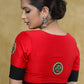 Stylish Black & Red Cotton Silk Elbow Sleeves Blouse with Mirrorwork Patch, Black Buttons and Ikaat Piping