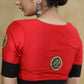 Stylish Black & Red Cotton Silk Elbow Sleeves Blouse with Mirrorwork Patch, Black Buttons and Ikaat Piping