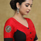 Stylish Black & Red Cotton Silk Elbow Sleeves Blouse with Mirrorwork Patch, Black Buttons and Ikaat Piping
