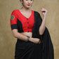 Stylish Black & Red Cotton Silk Elbow Sleeves Blouse with Mirrorwork Patch, Black Buttons and Ikaat Piping