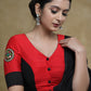 Stylish Black & Red Cotton Silk Elbow Sleeves Blouse with Mirrorwork Patch, Black Buttons and Ikaat Piping
