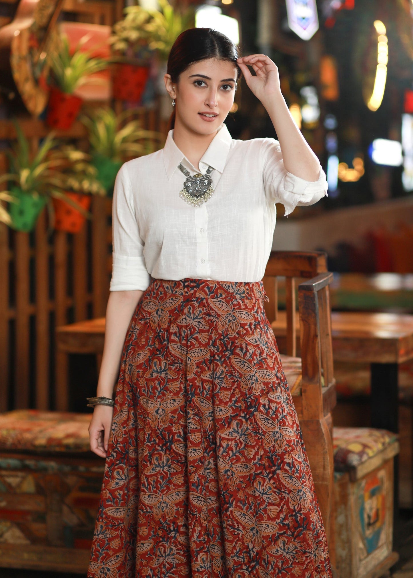 Beautiful Kalamkari Long Skirt Highlighted with Indigo Border on Hemline with Optional White Shirt