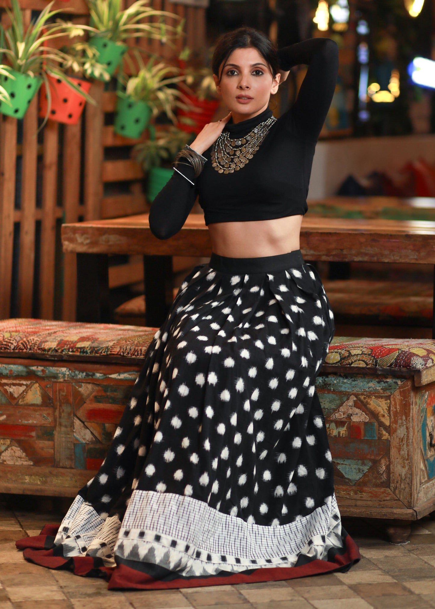 Exquisite Black Polka Dot Ikat Skirt with Beautiful Patchwork Ikat Borders on Hemline