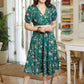 Classy Forest Green Floral Satin A-Line Gathered Crossover Dress