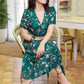 Classy Forest Green Floral Satin A-Line Gathered Crossover Dress