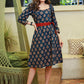 Elegant Navy Blue Cotton Printed Ajrakh Dress with Attached Belt