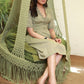 Trendy Green Cotton Dress with Striped Collar