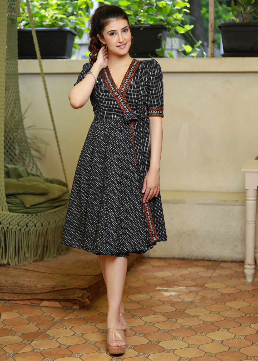 Trendy Black Ikat Overlap Dress Highlighted with Matching Ikat Border