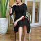 Classy Black Cotton Asymmetrical Dress with Ikat Detailing on Sleeves