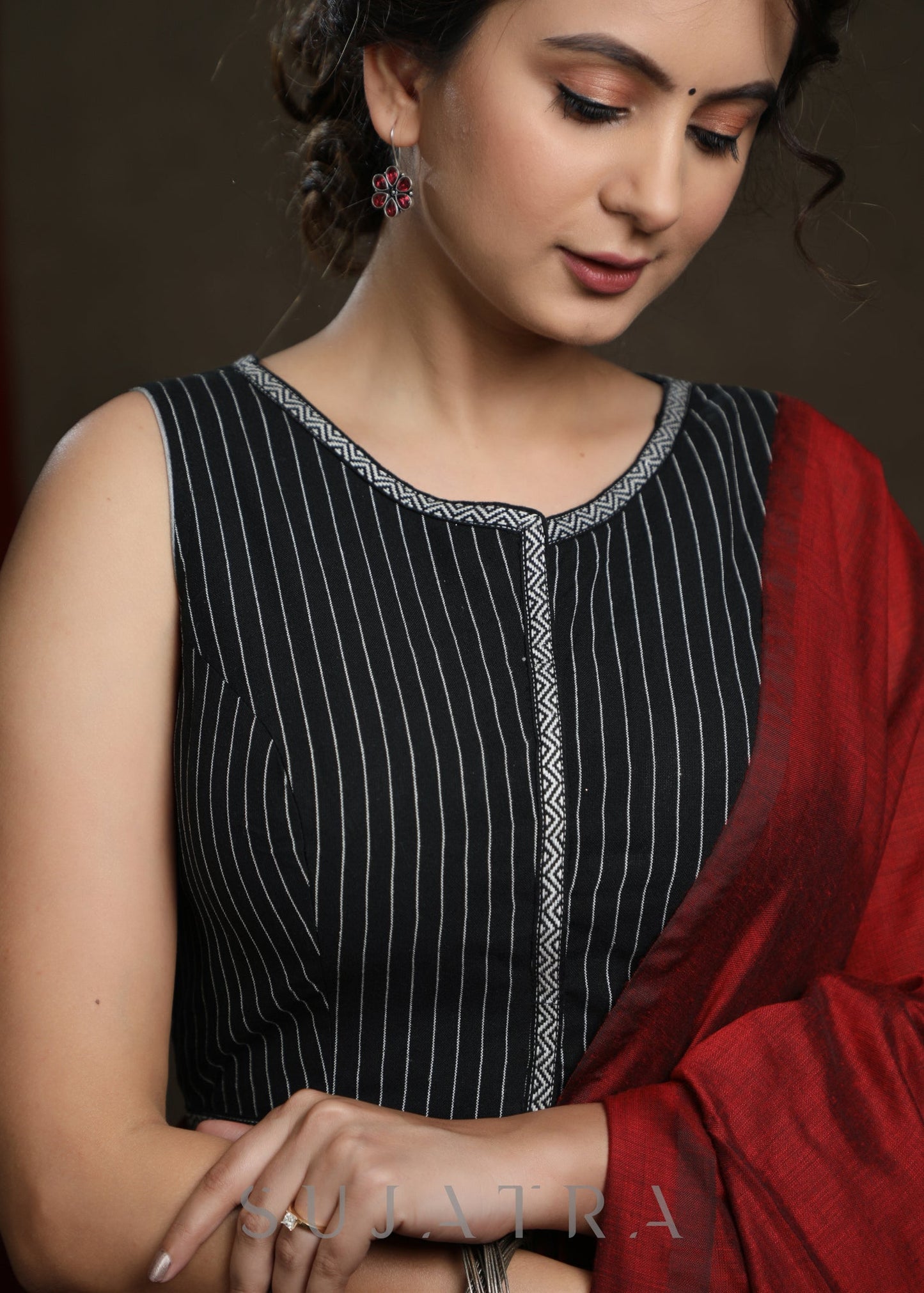 Elegant Black Line Ikkat Sleeveless Blouse