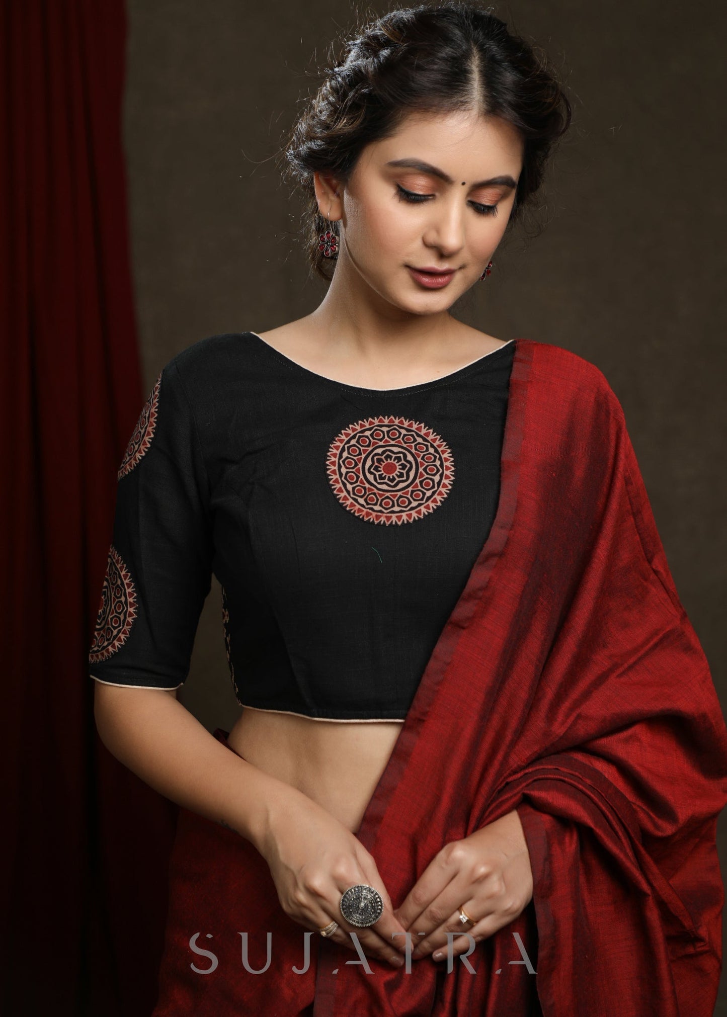 Plan Red Cotton Silk Saree