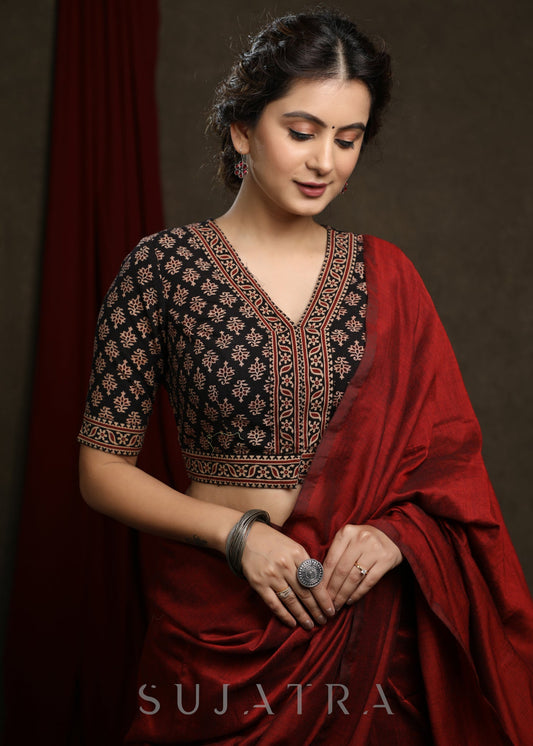 Sari en soie de coton rouge uni