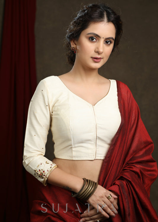 Hand Embroidered Off White Cotton Silk blouse