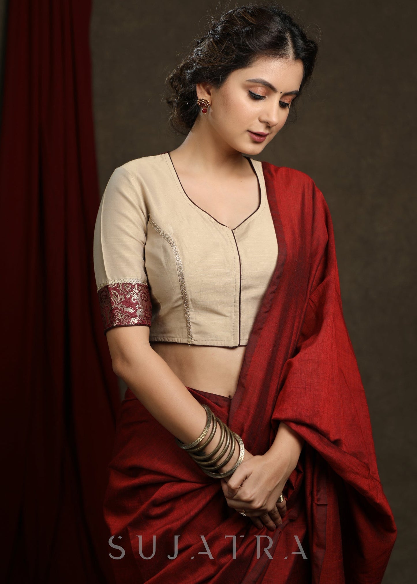 Plan Red Cotton Silk Saree