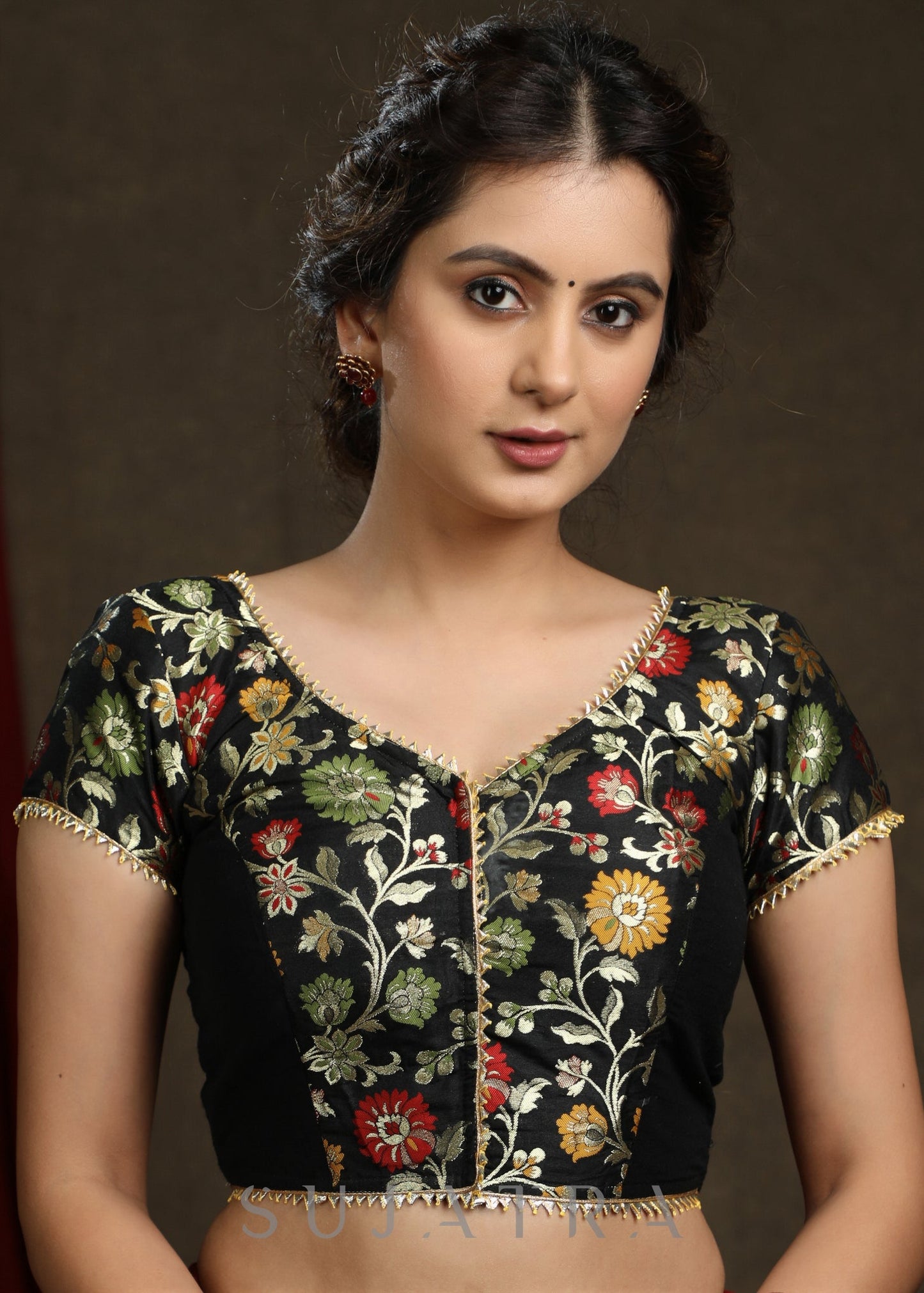 Beautifully Designed Black Brocade & Cotton Silk Combination Blouse