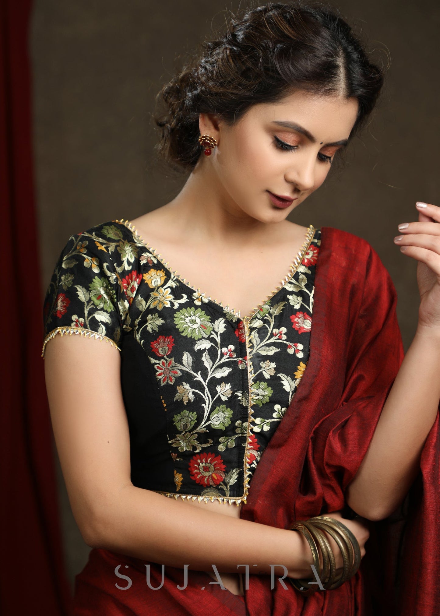Beautifully Designed Black Brocade & Cotton Silk Combination Blouse