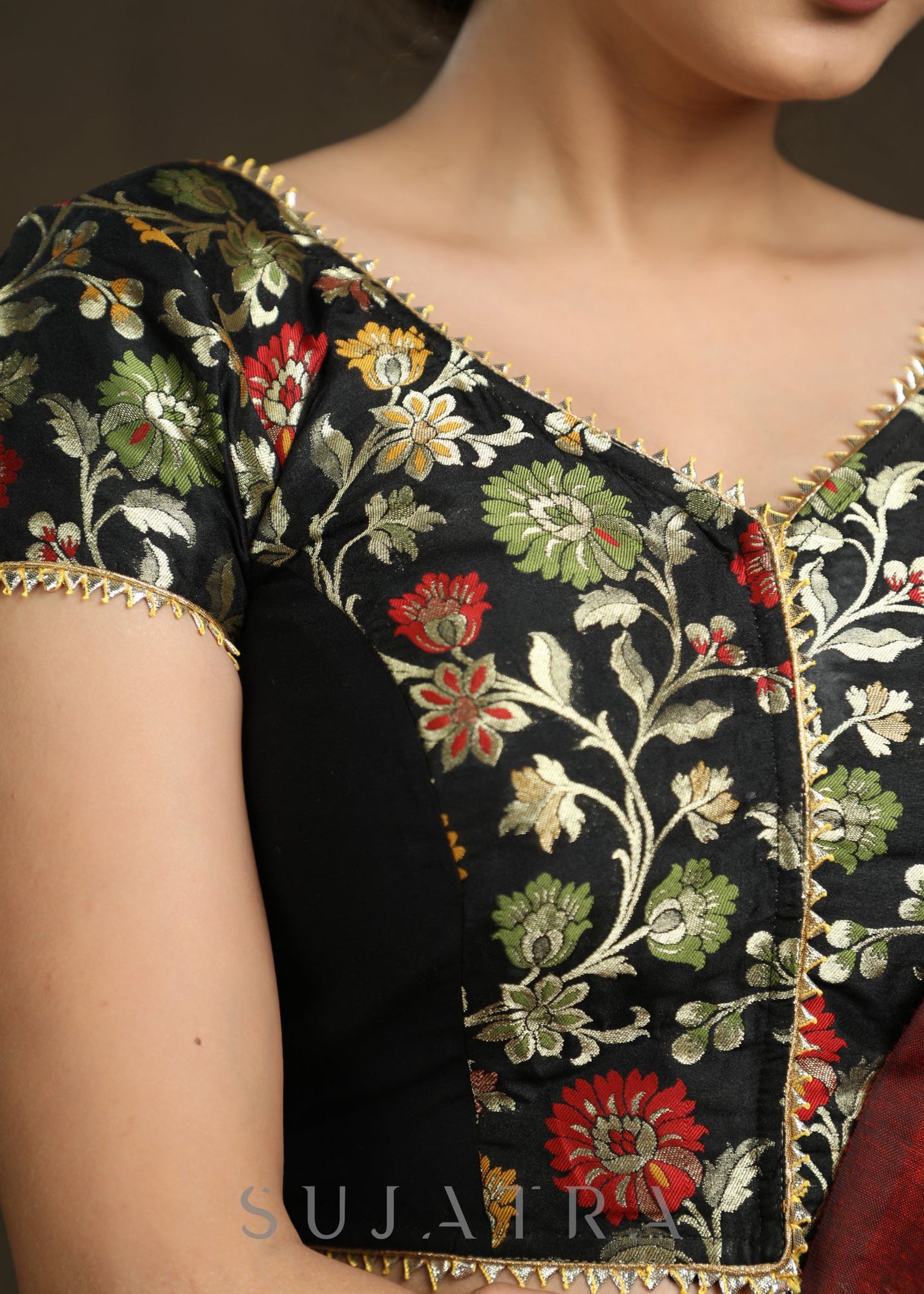 Beautifully Designed Black Brocade & Cotton Silk Combination Blouse