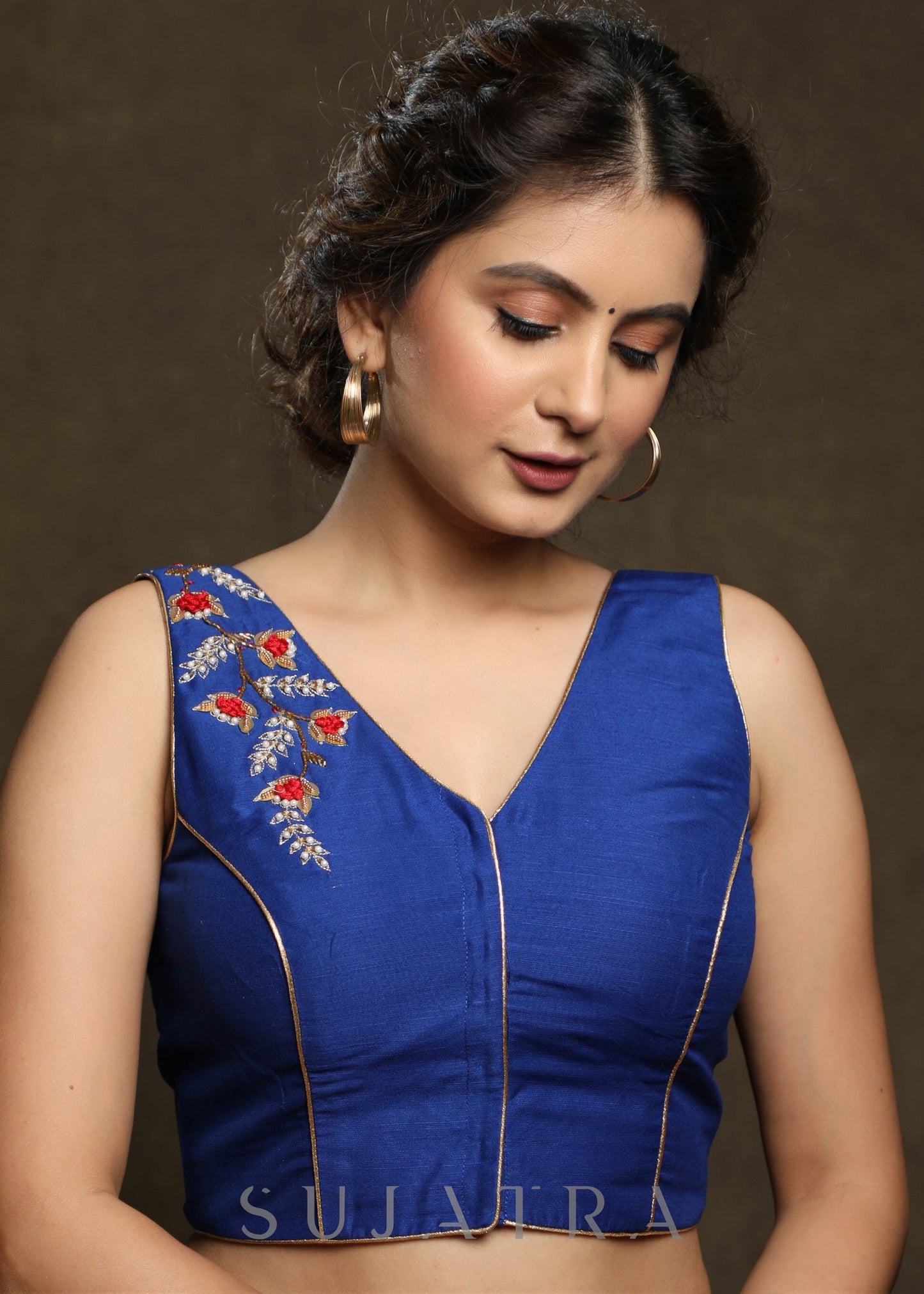 Classsy Blue Hand Embroidered Sleeveless Cotton Silk Blouse