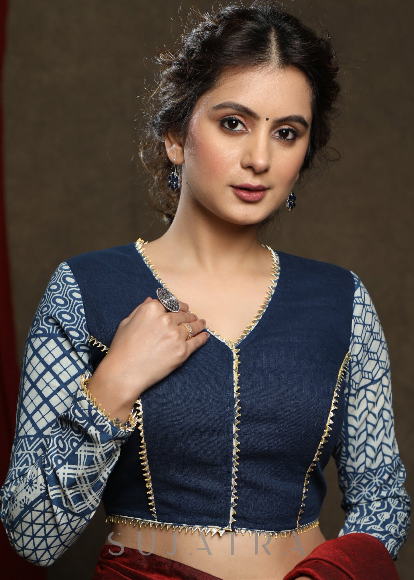 Smart Cotton Indigo Combination Full Sleeve Blouse
