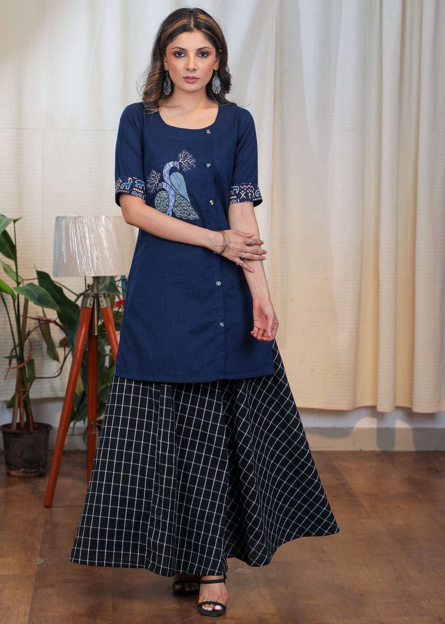 Rare Hand Painted Gond Art on Blue Cotton tunic