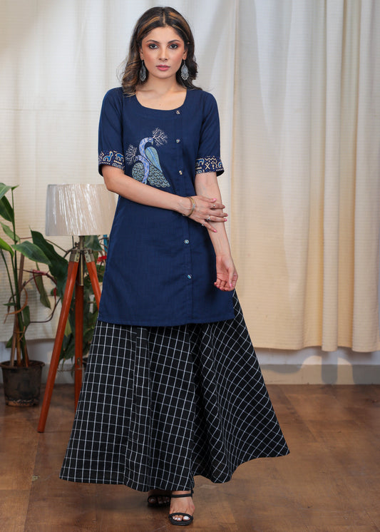 Rare Hand Painted Gond Art on Blue Cotton tunic