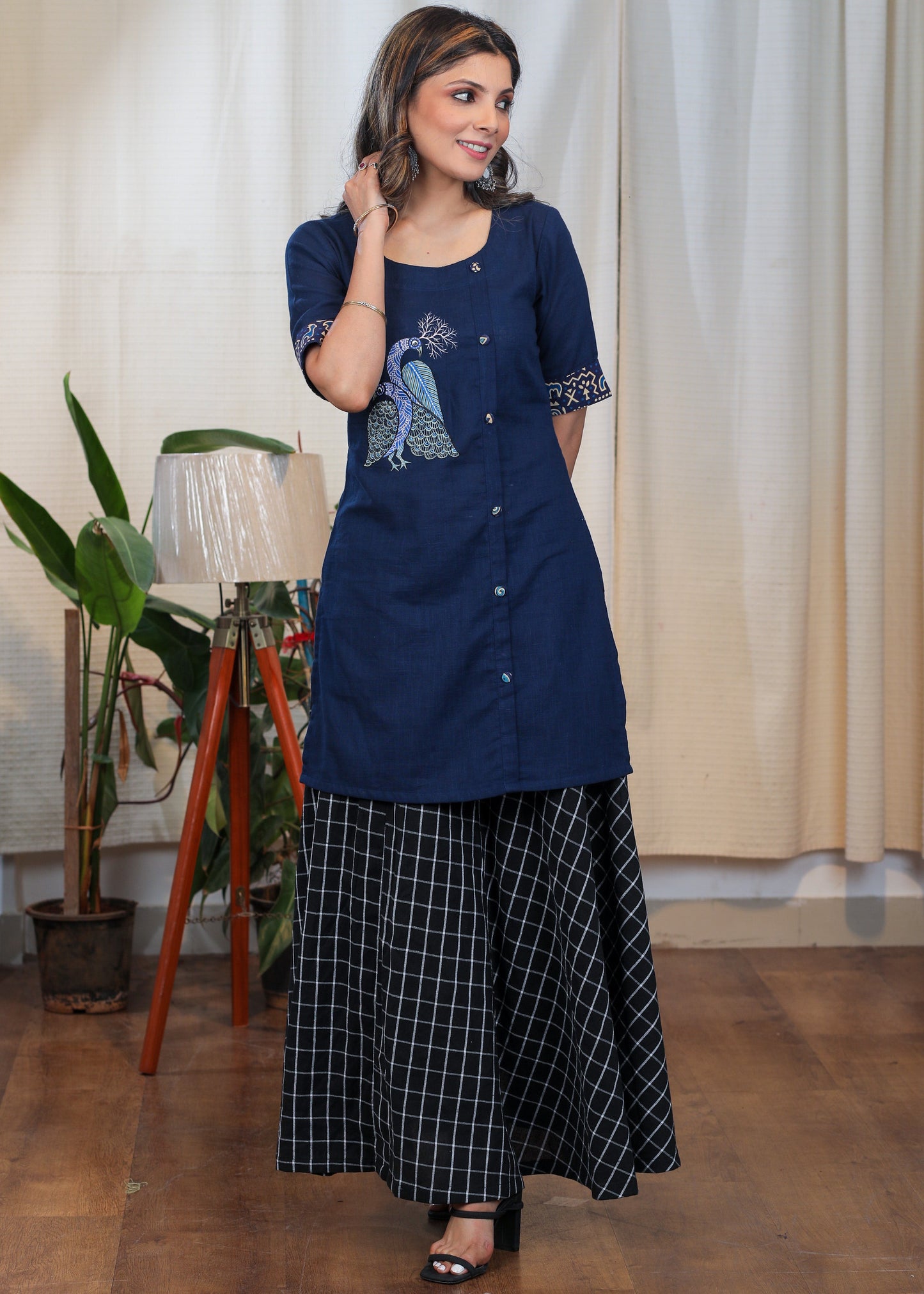 Rare Hand Painted Gond Art on Blue Cotton tunic