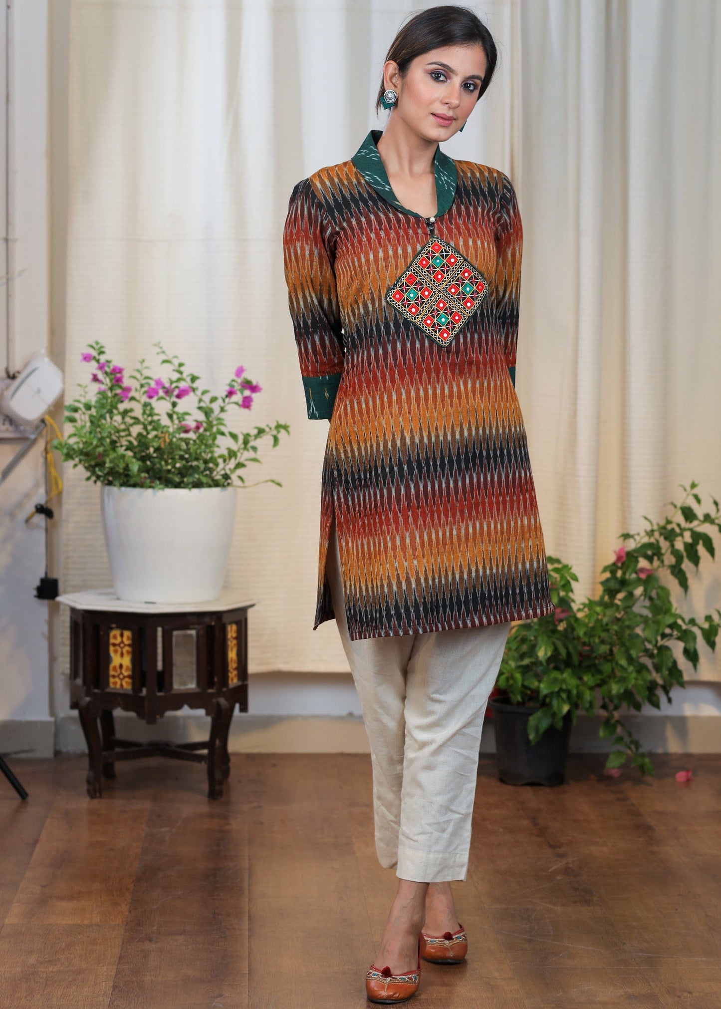 Graceful Ikat Combination tunic With Hand made Kutch Mirror Work Embroidery