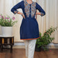 Navy Blue Cotton Tunic with Beautiful Embroidery upto Waist and on Sleeves