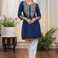 Navy Blue Cotton Tunic with Beautiful Embroidery upto Waist and on Sleeves