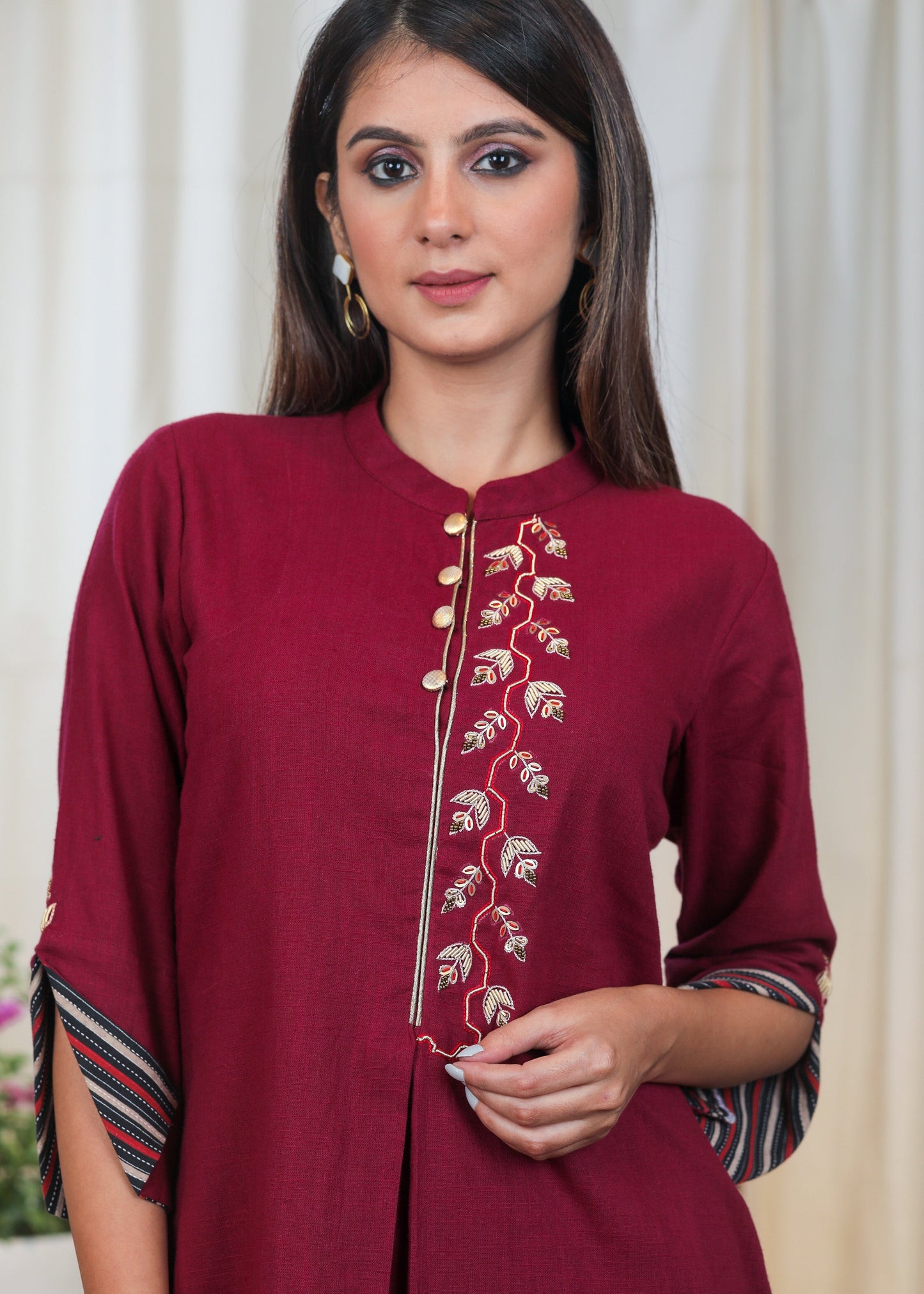 Wine Color Cotton Tunic with Beautiful Embroidery