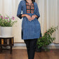 Stylish Striped Indigo Tunic With Handmade Kutch Mirror Work Embroidery