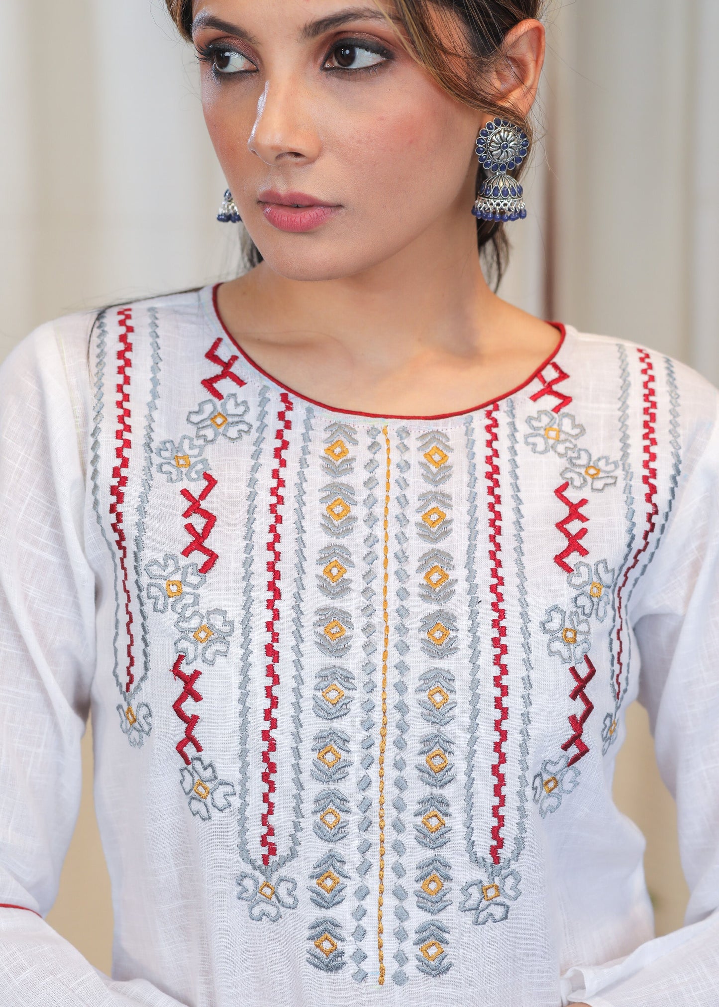 Off white Cotton Handloom Tunic With Elegant Embroidery in Contrast