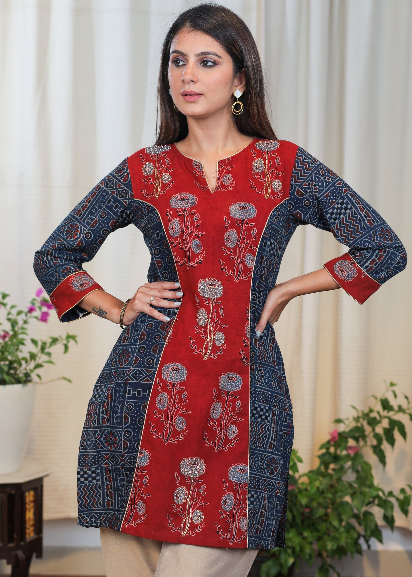 Elegant Cotton Ajrakh Combination Tunic with Moti work