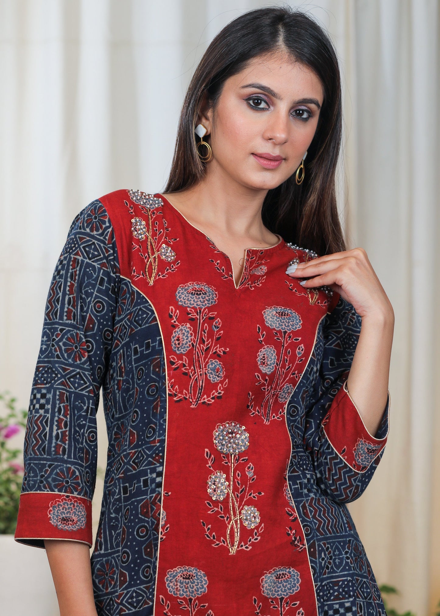 Elegant Cotton Ajrakh Combination Tunic with Moti work
